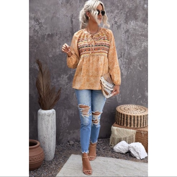 Boho Leopard Print Long Puff Sleeve Blouse - Picture 3 of 6